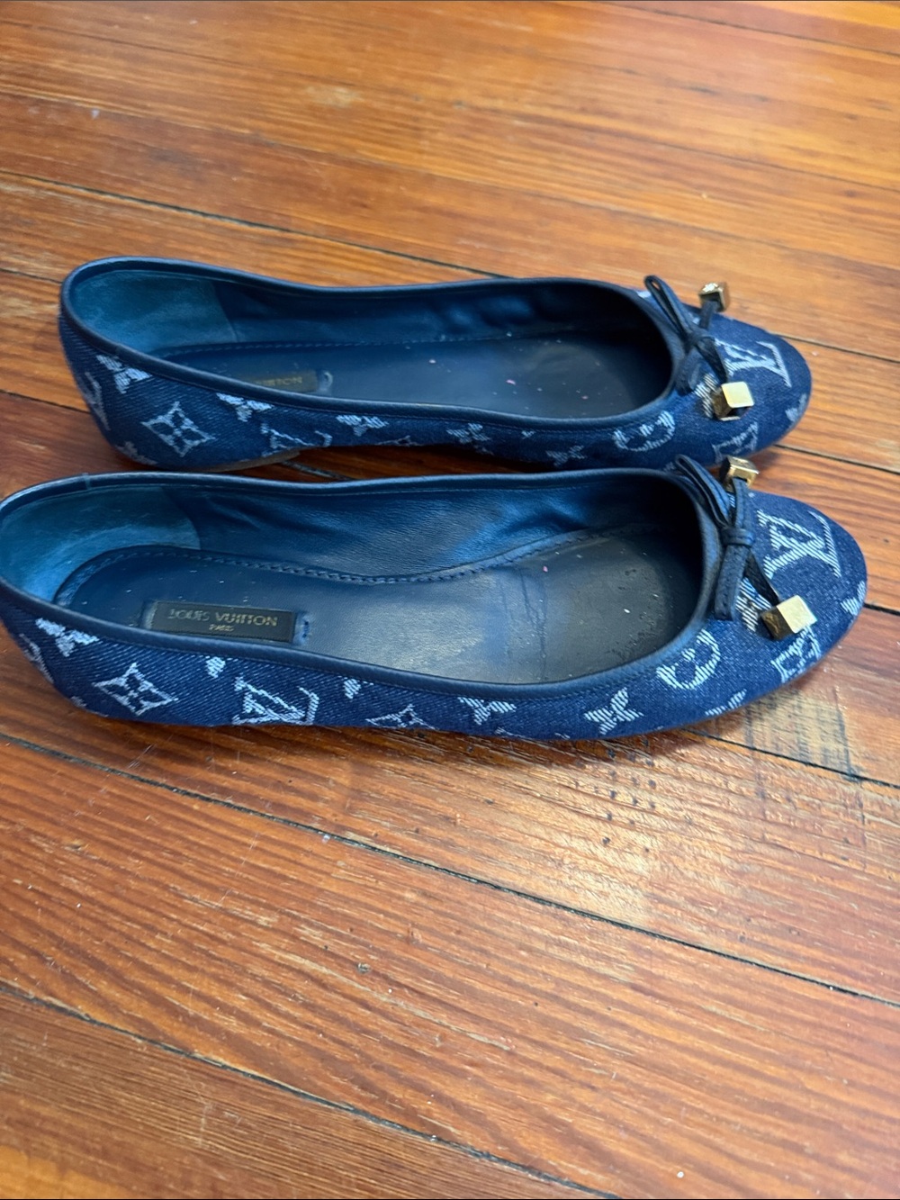 Authentic Louis Vuitton Denim Monogram Navy Ballet Flats with Gold Accents SZ 39